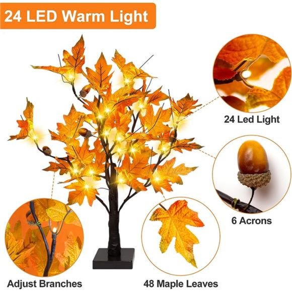 24-inch Fall Lighted Maple Tree with Acorns, 24 LED Lights Thanksgiving Decor - Picture 5 of 7